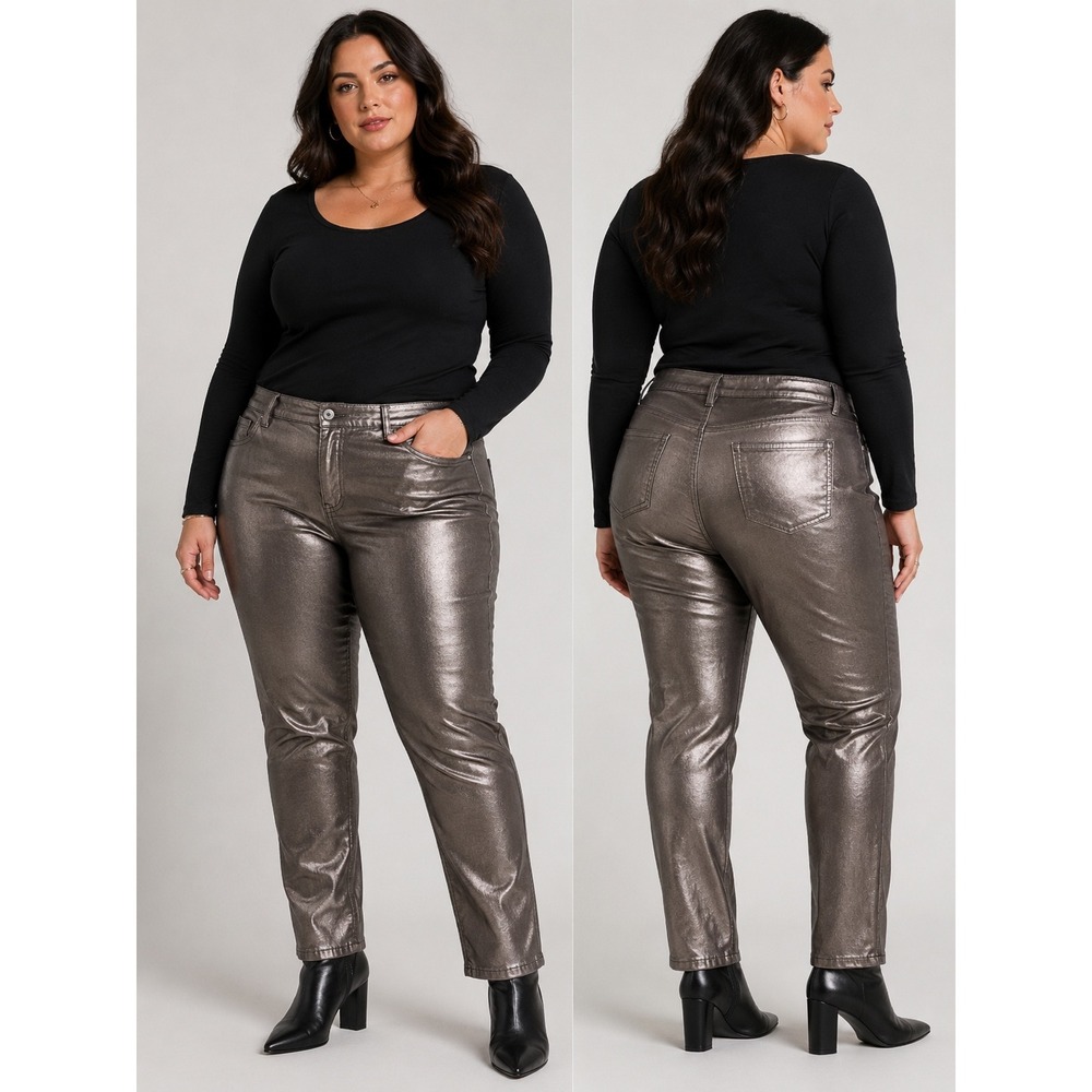 Lane Bryant Metallic Coated Slim Straight Jeans Bronze Pewter Plus Size 28L High